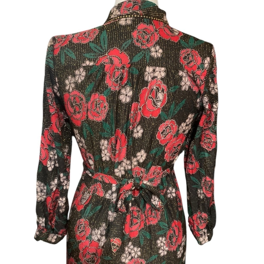 Vntg mandarin collar floral maxi dress with gold thread and tie back waist - Picture 5 of 7
